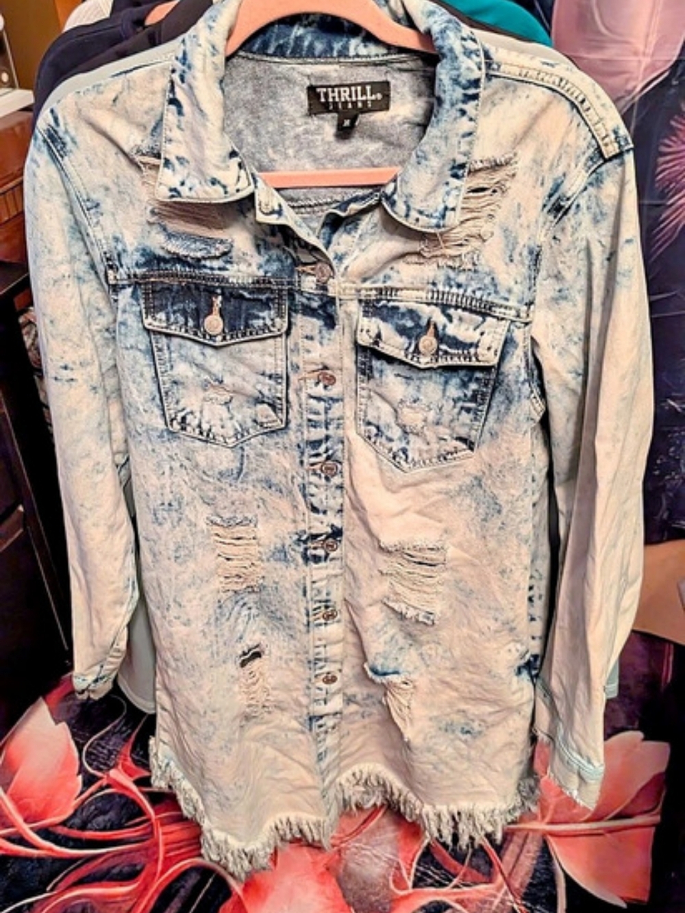 THRILL Distressed Denim Jacket Blue XL